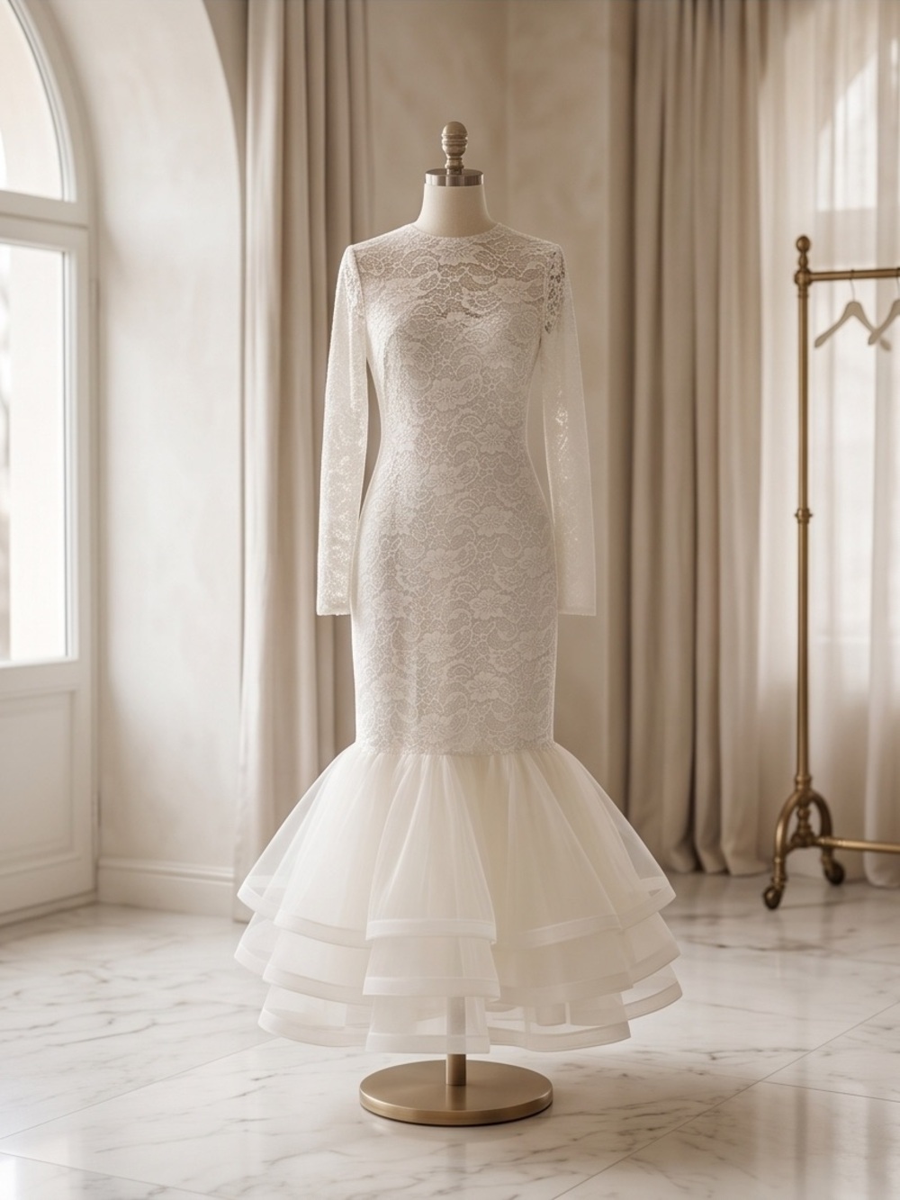 Elegant White Lace Mermaid Dress with Tiered Tulle Hem